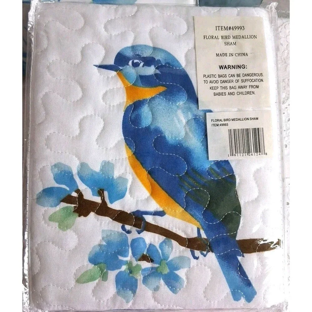 Vintage 7pc Blue Song Bird Floral Matching Full Bedding & Bath Set Y2k